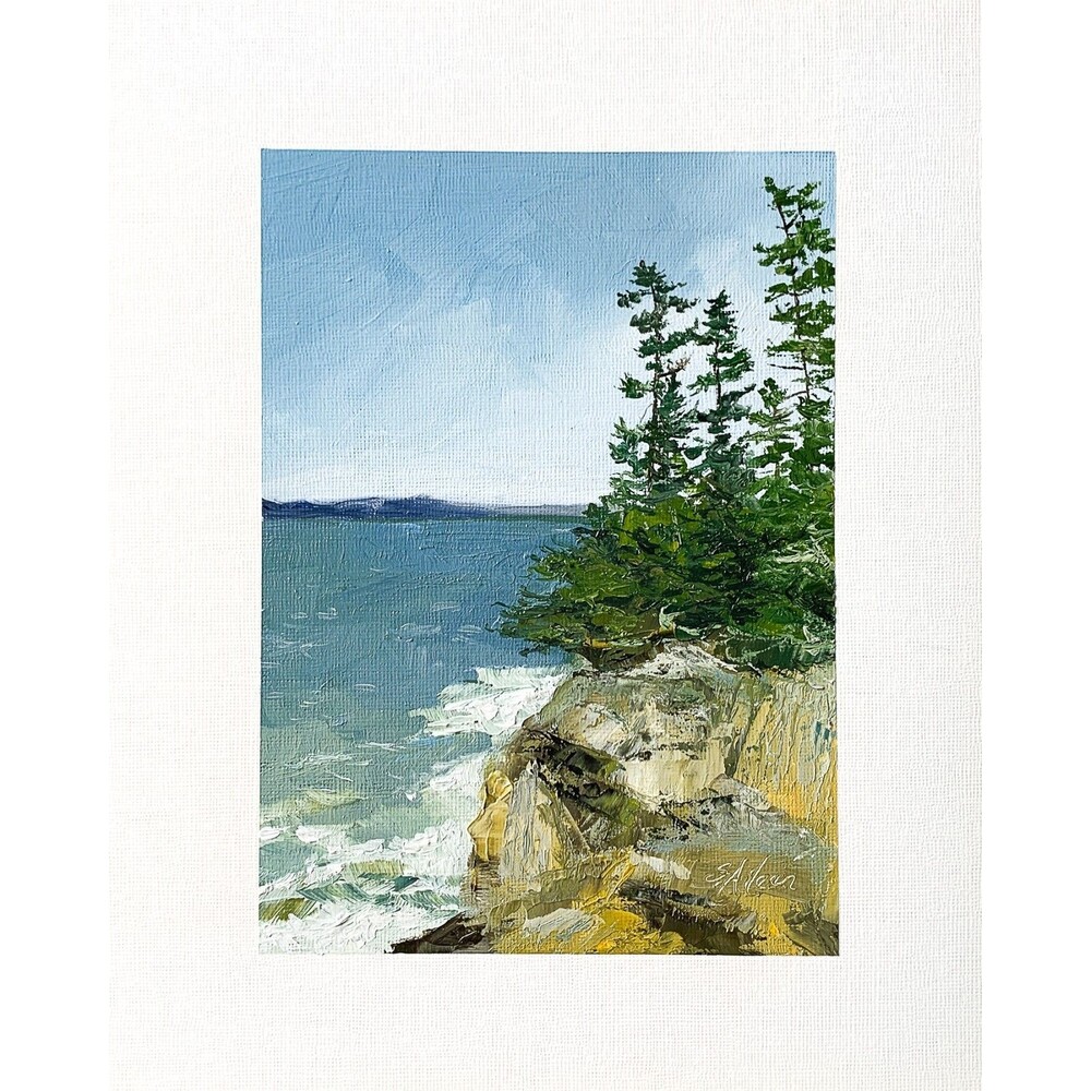 8x10 Maine Original Oil Painting Atlantic Ocean Rock Pinetree New England Signed